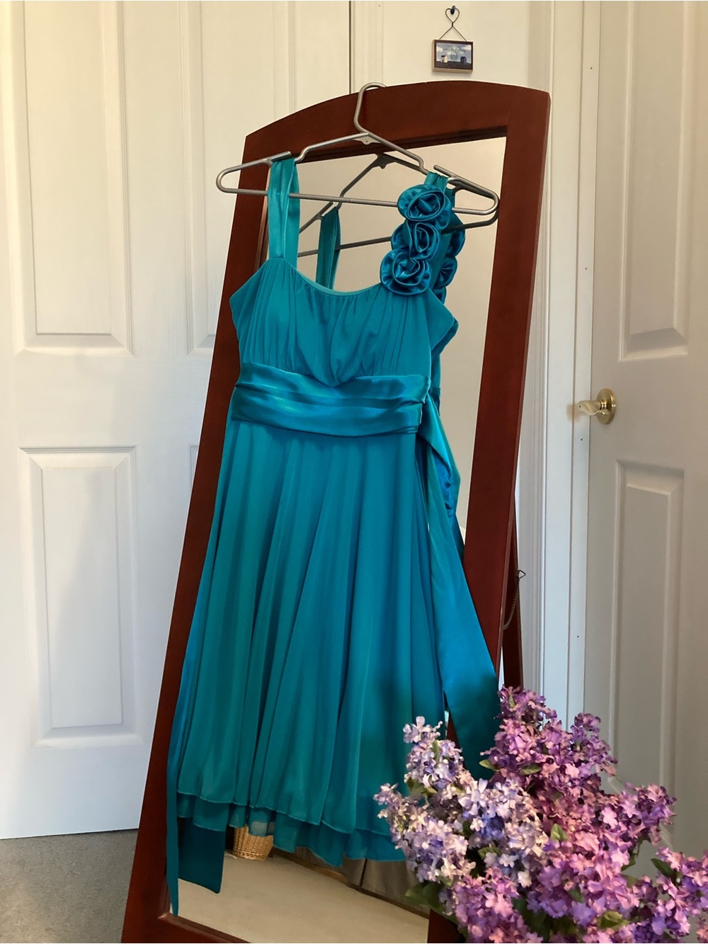 Teal One-Shoulder Rosette Chiffon Dress